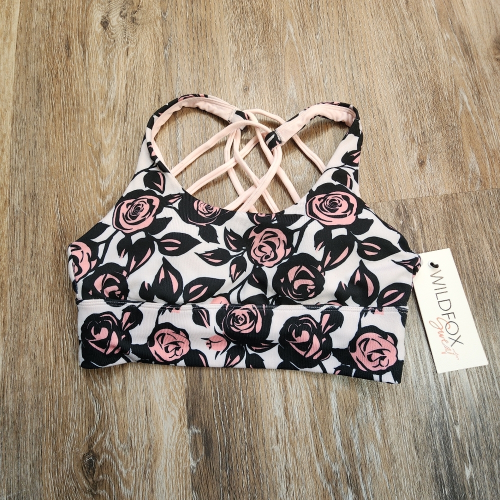 New Wildfox Women's Floral Sports Bra Pink and Black Abstract Roses Size Small